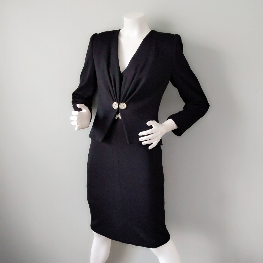 VTG Carolyne Roehm Black Wool Rhinestone Dress Set